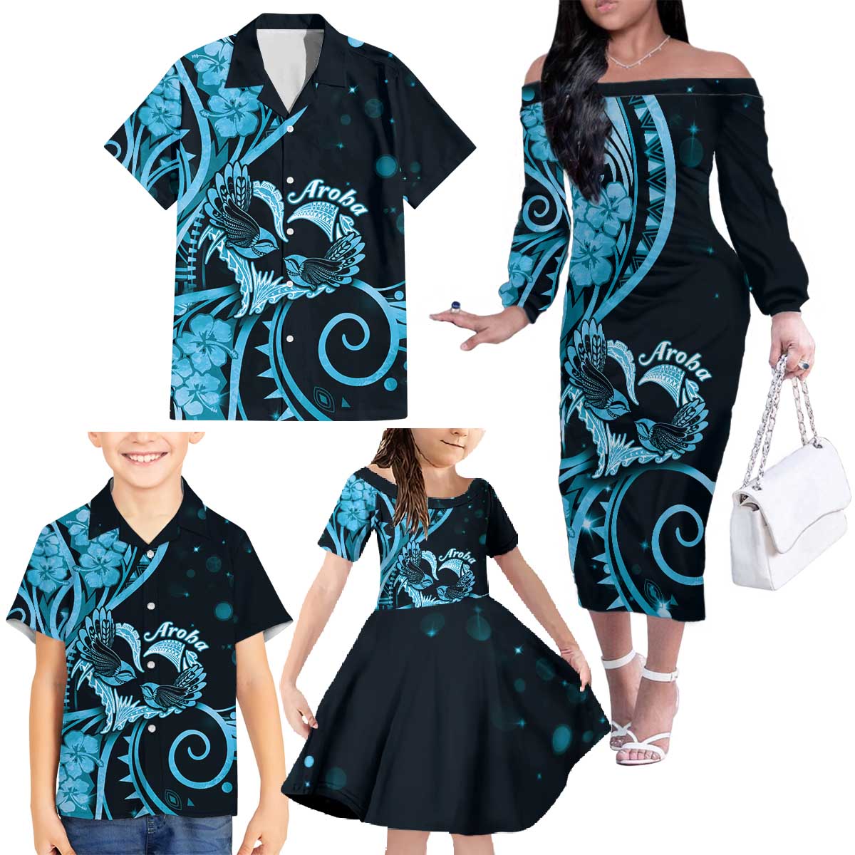 New Zealand Valentine Family Matching Off The Shoulder Long Sleeve Dress and Hawaiian Shirt Aroha Cyan Piwakawaka LT05 Cyan - Polynesian Pride
