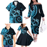 New Zealand Valentine Family Matching Off The Shoulder Long Sleeve Dress and Hawaiian Shirt Aroha Cyan Piwakawaka LT05 Cyan - Polynesian Pride