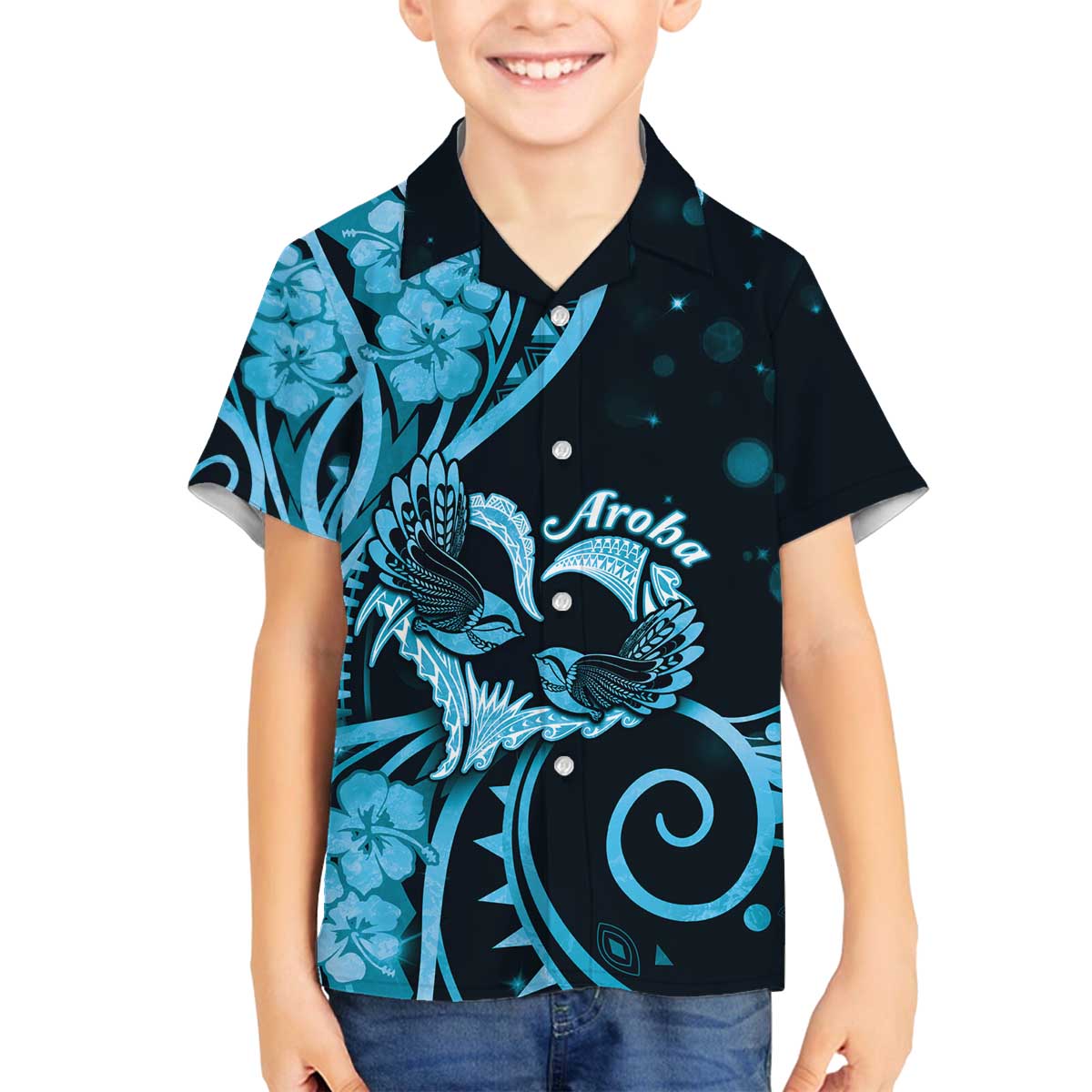 New Zealand Valentine Family Matching Off The Shoulder Long Sleeve Dress and Hawaiian Shirt Aroha Cyan Piwakawaka LT05 - Polynesian Pride