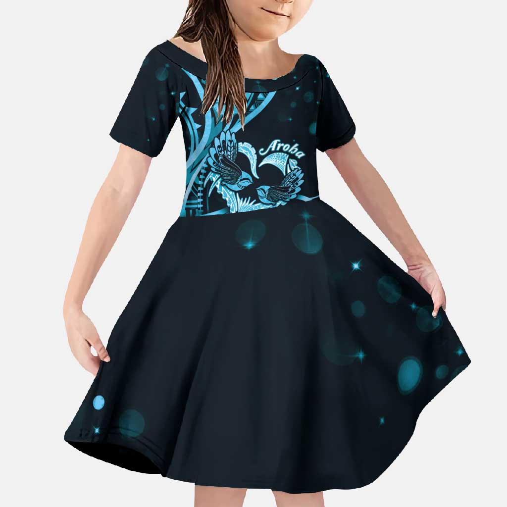 New Zealand Valentine Family Matching Off Shoulder Maxi Dress and Hawaiian Shirt Aroha Cyan Piwakawaka LT05 Daughter's Dress Cyan - Polynesian Pride