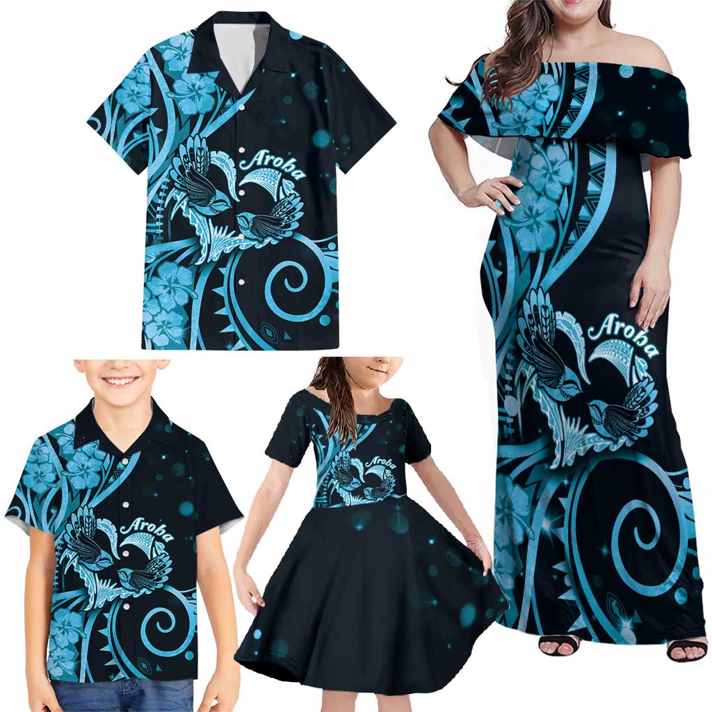 New Zealand Valentine Family Matching Off Shoulder Maxi Dress and Hawaiian Shirt Aroha Cyan Piwakawaka LT05 - Polynesian Pride