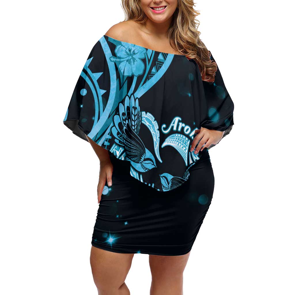 New Zealand Valentine Family Matching Off Shoulder Short Dress and Hawaiian Shirt Aroha Cyan Piwakawaka LT05 Mom's Dress Cyan - Polynesian Pride