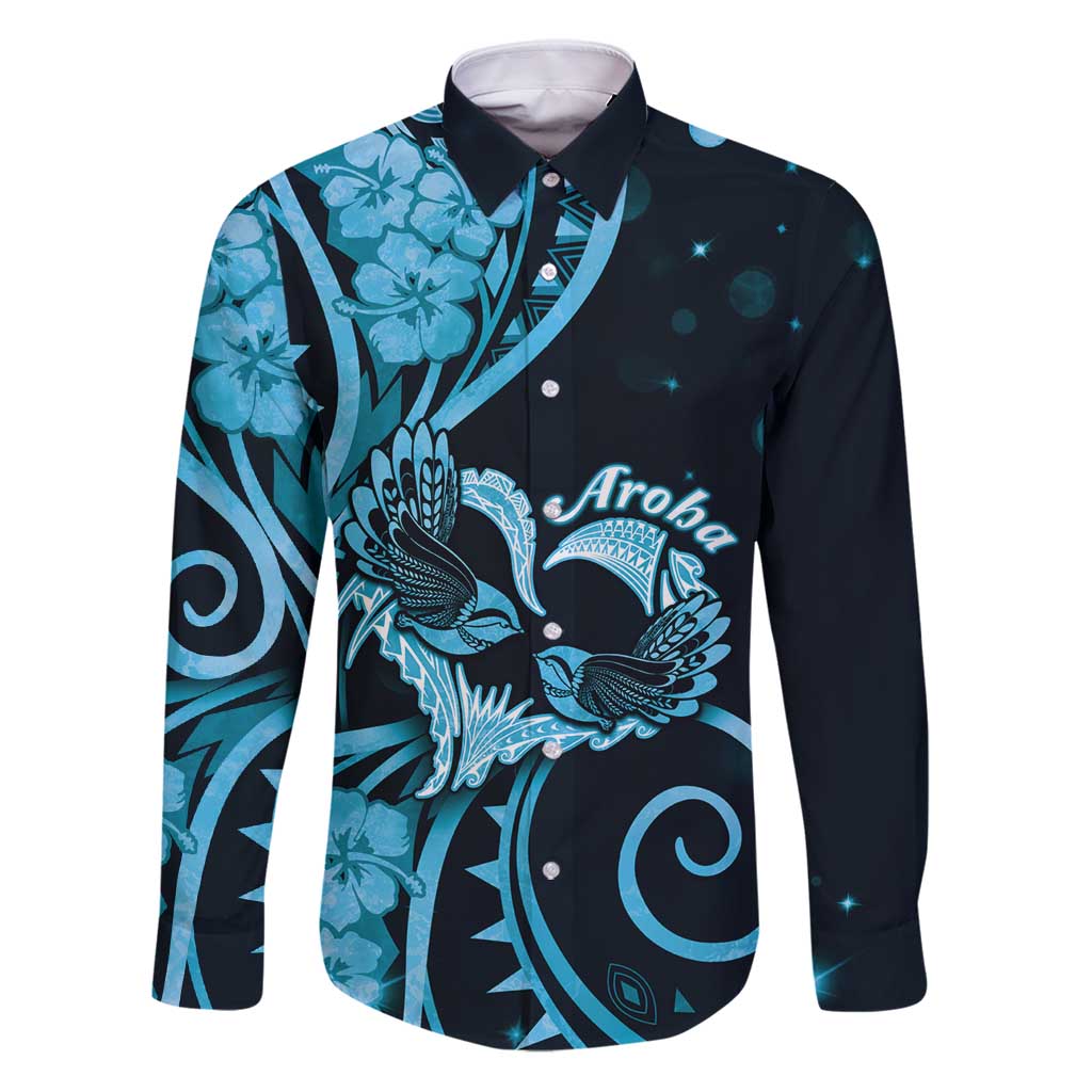 New Zealand Valentine Family Matching Puletasi and Hawaiian Shirt Aroha Cyan Piwakawaka LT05 Dad's Shirt - Long Sleeve Cyan - Polynesian Pride