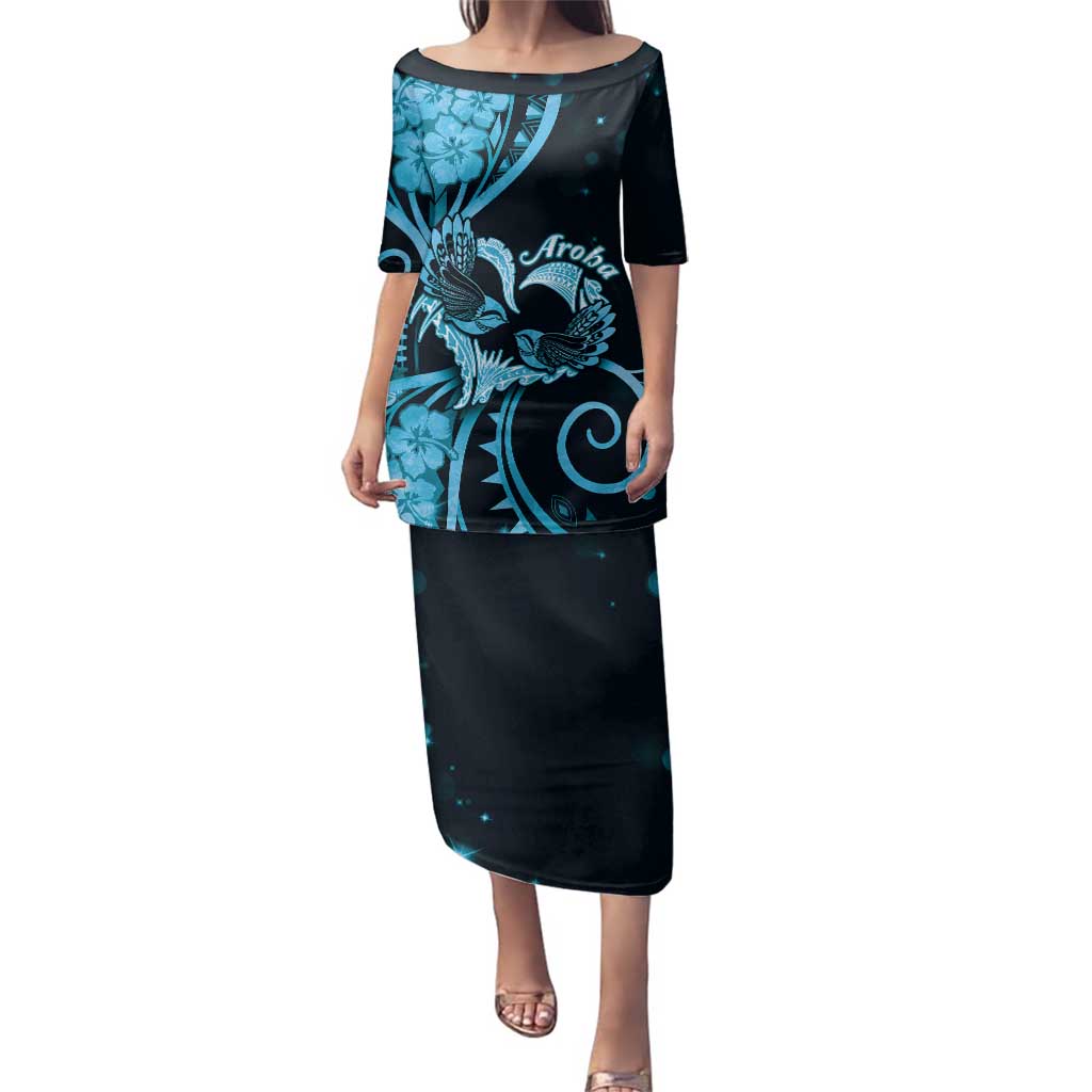 New Zealand Valentine Family Matching Puletasi and Hawaiian Shirt Aroha Cyan Piwakawaka LT05 Mom's Dress Cyan - Polynesian Pride