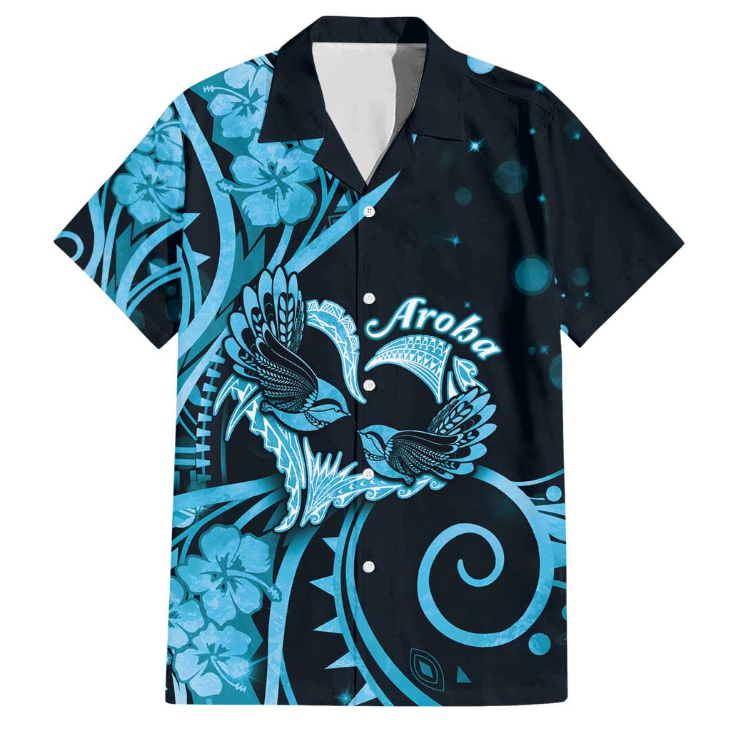 New Zealand Valentine Family Matching Short Sleeve Bodycon Dress and Hawaiian Shirt Aroha Cyan Piwakawaka LT05 Dad's Shirt - Short Sleeve Cyan - Polynesian Pride