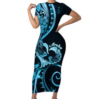 New Zealand Valentine Family Matching Short Sleeve Bodycon Dress and Hawaiian Shirt Aroha Cyan Piwakawaka LT05 Mom's Dress Cyan - Polynesian Pride