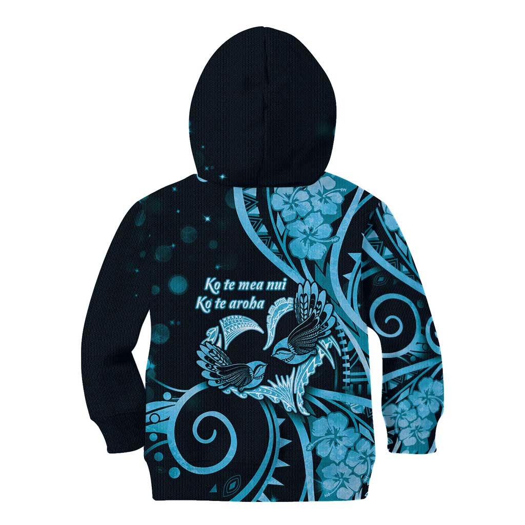 New Zealand Valentine Kid Hoodie Aroha Cyan Piwakawaka LT05 - Polynesian Pride
