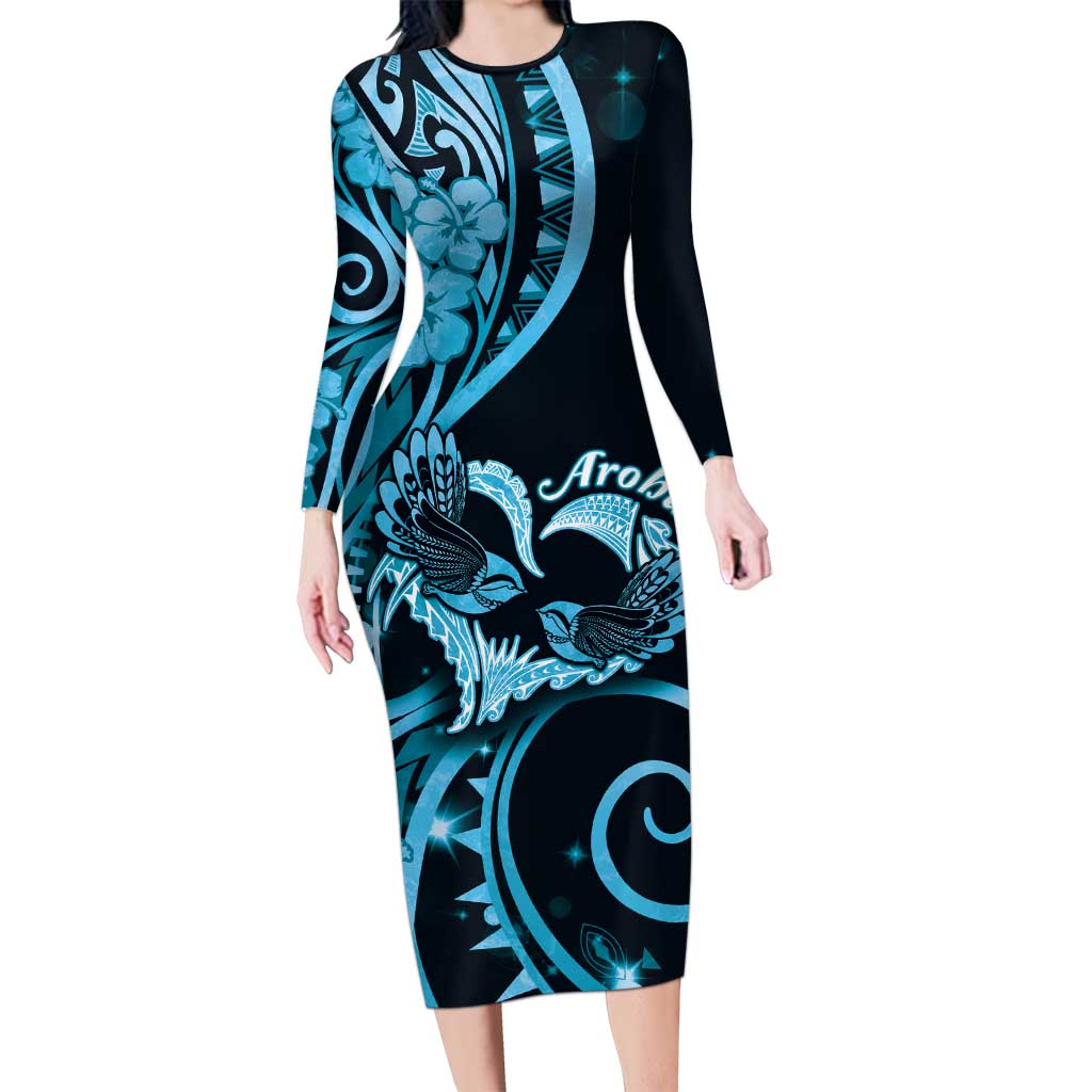 New Zealand Valentine Long Sleeve Bodycon Dress Aroha Cyan Piwakawaka LT05 Long Dress Cyan - Polynesian Pride