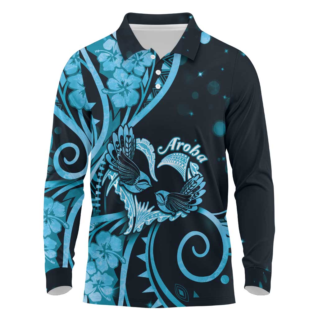 New Zealand Valentine Long Sleeve Polo Shirt Aroha Cyan Piwakawaka LT05 Cyan - Polynesian Pride