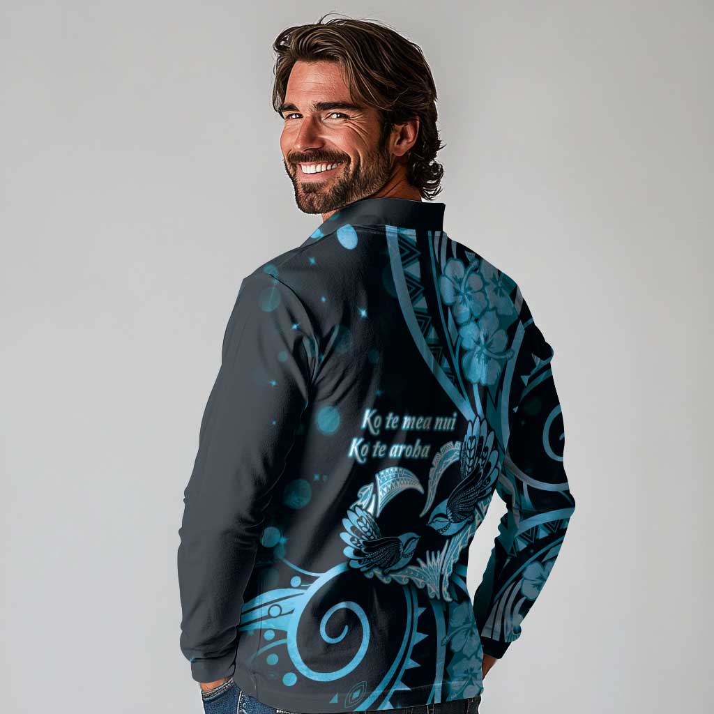 New Zealand Valentine Long Sleeve Polo Shirt Aroha Cyan Piwakawaka LT05 - Polynesian Pride