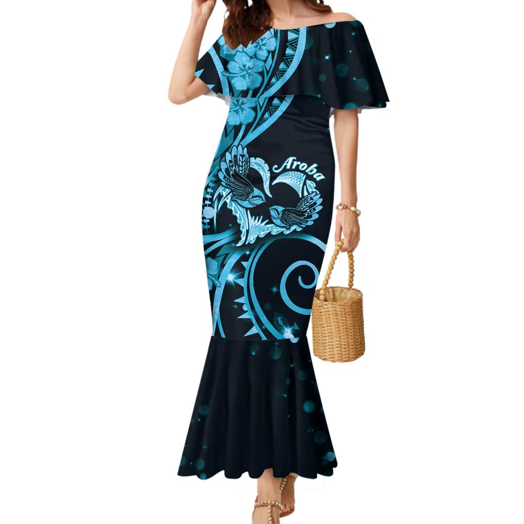 New Zealand Valentine Mermaid Dress Aroha Cyan Piwakawaka LT05 Women Cyan - Polynesian Pride