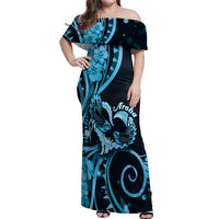 New Zealand Valentine Off Shoulder Maxi Dress Aroha Cyan Piwakawaka LT05 Women Cyan - Polynesian Pride