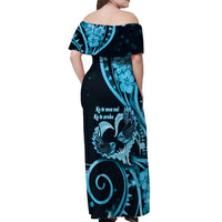 New Zealand Valentine Off Shoulder Maxi Dress Aroha Cyan Piwakawaka LT05 - Polynesian Pride