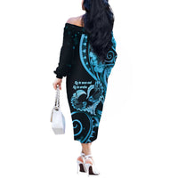 New Zealand Valentine Off The Shoulder Long Sleeve Dress Aroha Cyan Piwakawaka LT05 - Polynesian Pride