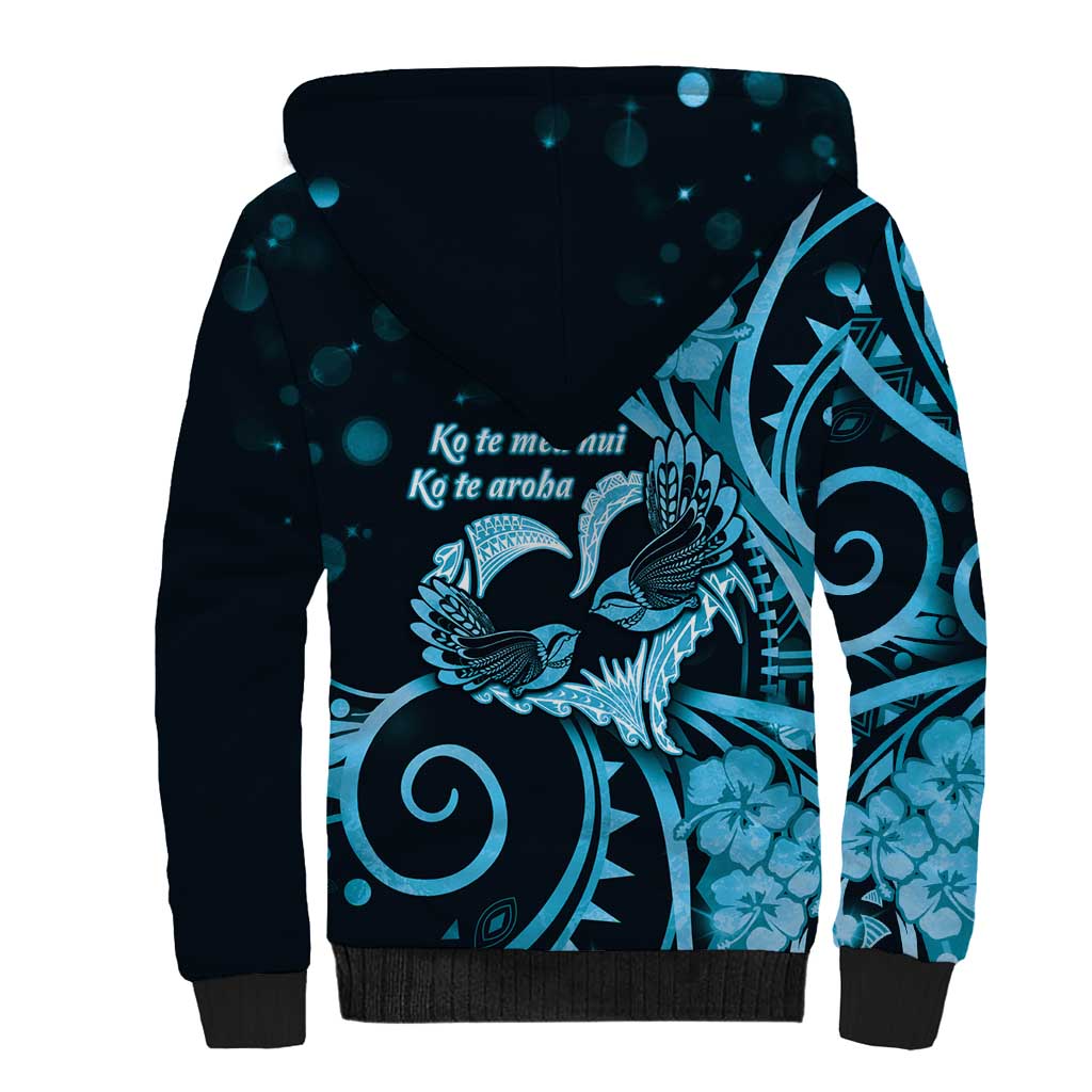 New Zealand Valentine Sherpa Hoodie Aroha Cyan Piwakawaka LT05 - Polynesian Pride