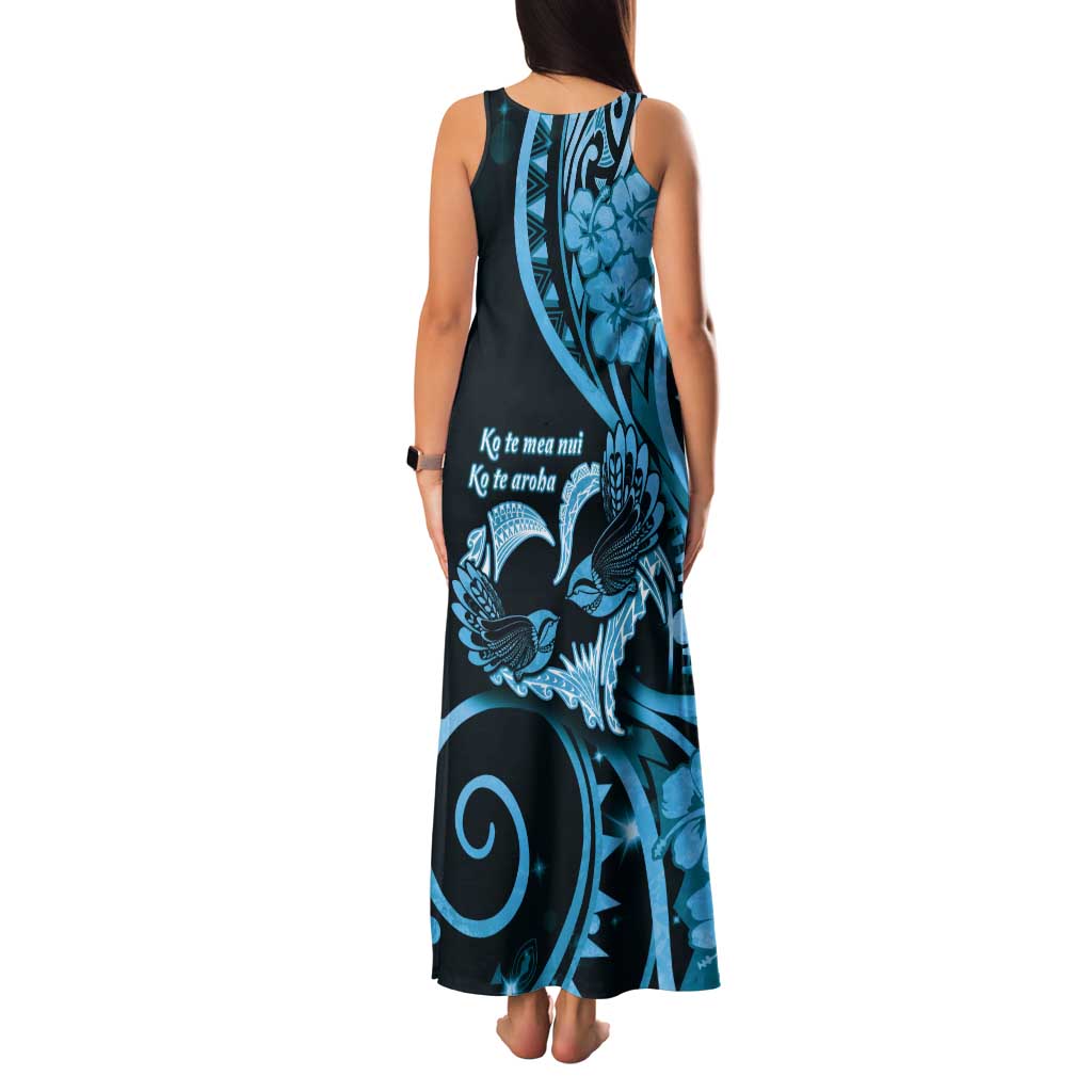 New Zealand Valentine Tank Maxi Dress Aroha Cyan Piwakawaka LT05 - Polynesian Pride