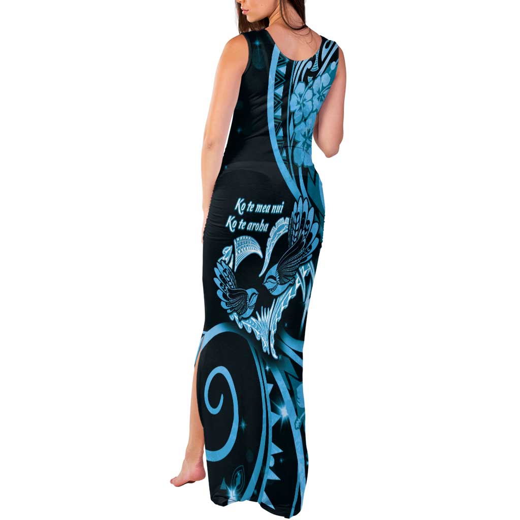 New Zealand Valentine Tank Maxi Dress Aroha Cyan Piwakawaka LT05 - Polynesian Pride