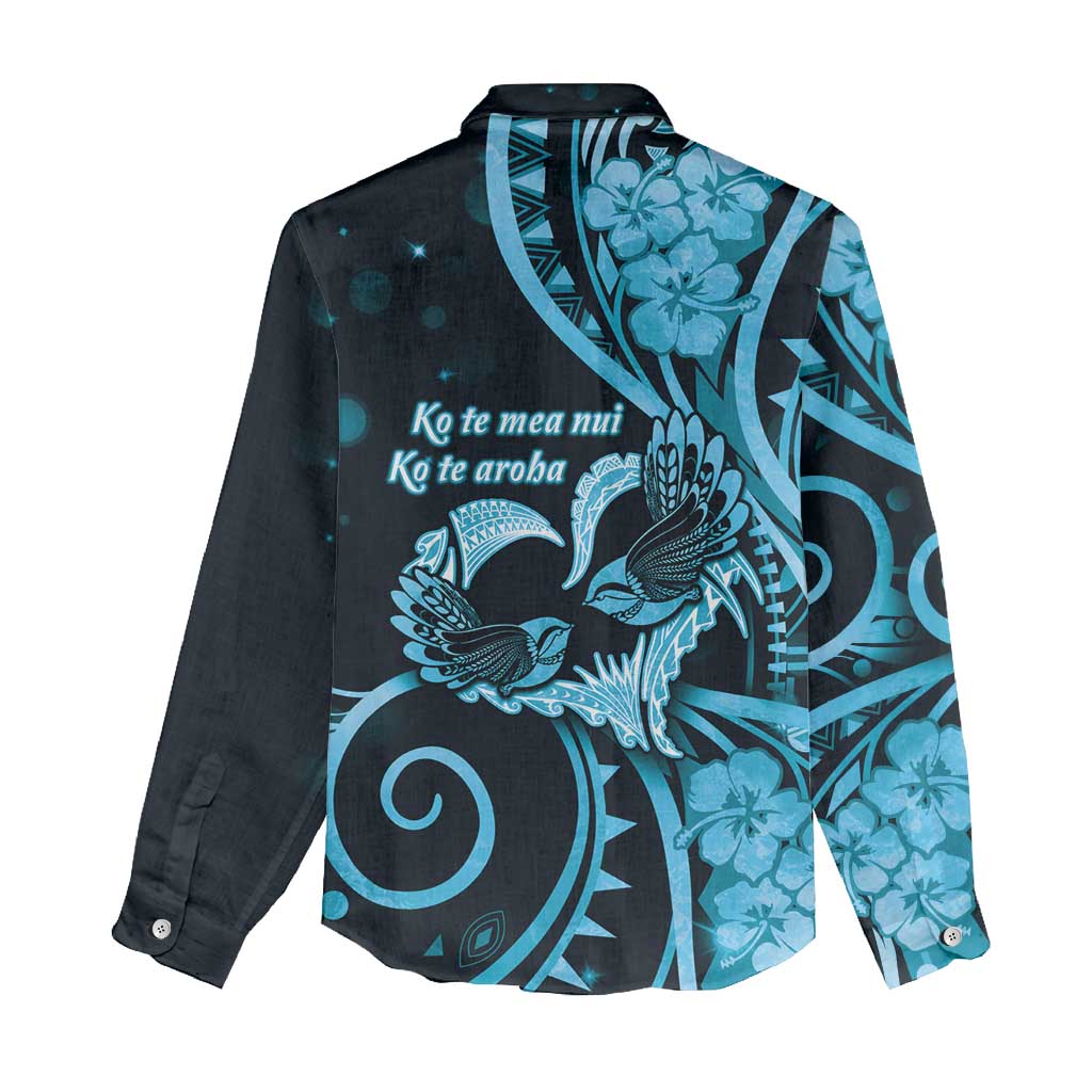 New Zealand Valentine Women Casual Shirt Aroha Cyan Piwakawaka