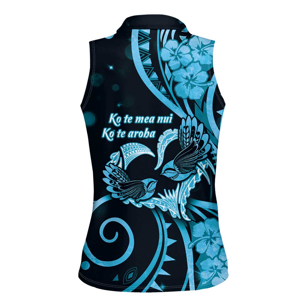 New Zealand Valentine Women Sleeveless Polo Shirt Aroha Cyan Piwakawaka LT05 - Polynesian Pride