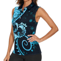 New Zealand Valentine Women Sleeveless Polo Shirt Aroha Cyan Piwakawaka LT05 - Polynesian Pride