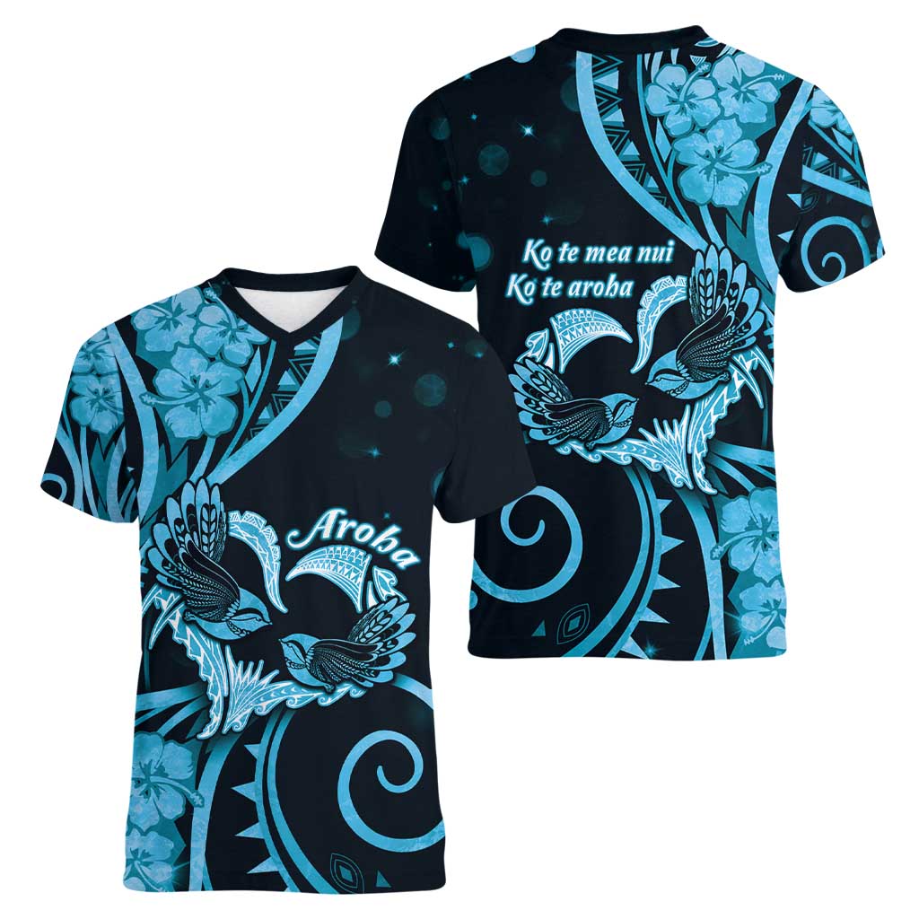 New Zealand Valentine Women V-Neck T-Shirt Aroha Cyan Piwakawaka LT05 - Polynesian Pride