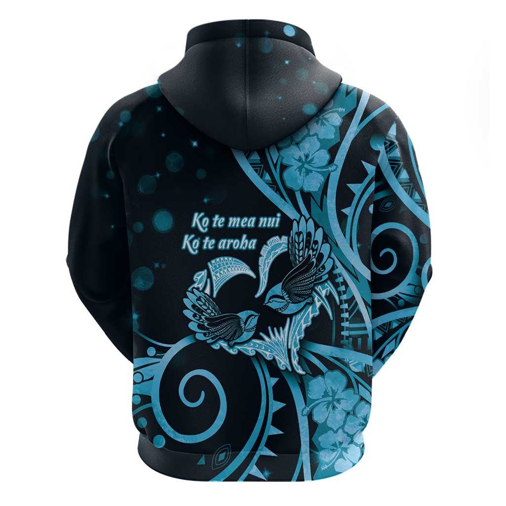 New Zealand Valentine Zip Hoodie Aroha Cyan Piwakawaka LT05 - Polynesian Pride