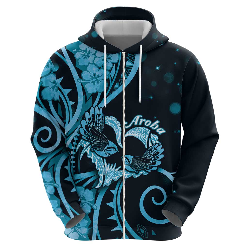New Zealand Valentine Zip Hoodie Aroha Cyan Piwakawaka LT05 - Polynesian Pride