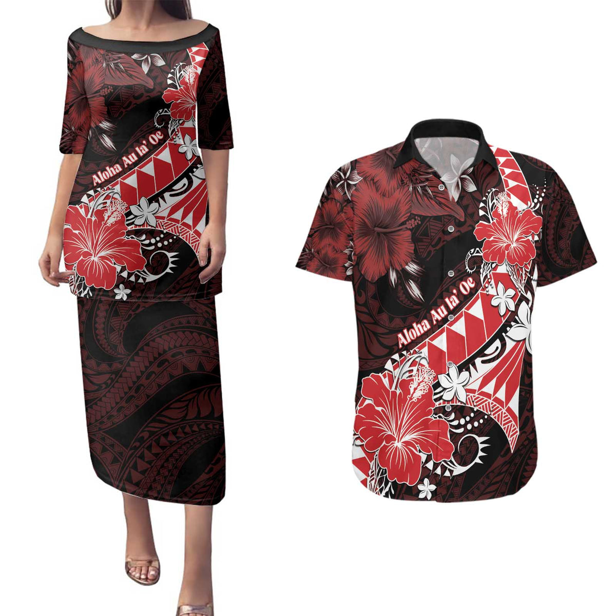 Personalised Hawaii Valentine Day Couples Matching Puletasi and Hawaiian Shirt Polynesian Hibiscus Art Style Red LT05 Red - Polynesian Pride