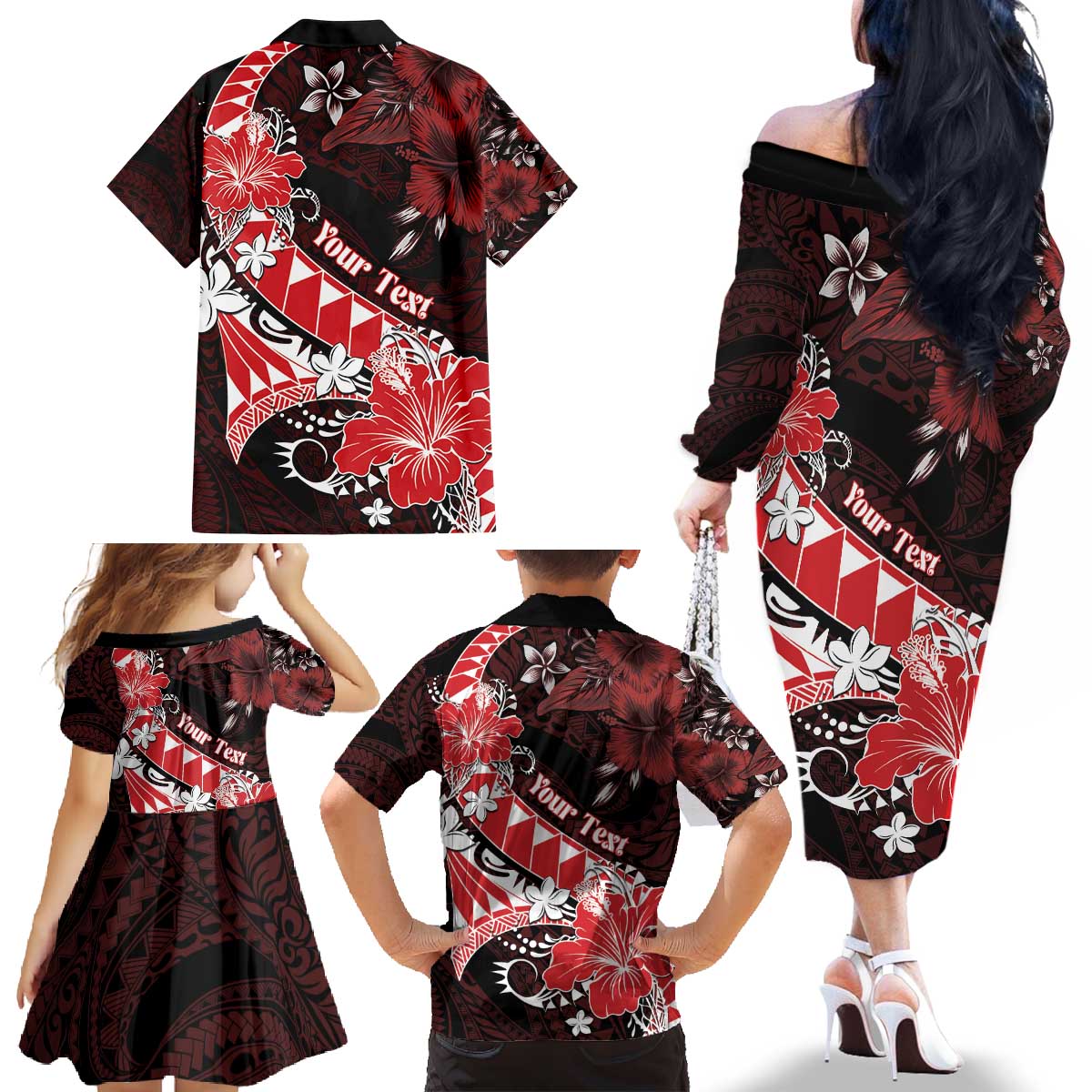 Personalised Hawaii Valentine Day Family Matching Off The Shoulder Long Sleeve Dress and Hawaiian Shirt Polynesian Hibiscus Art Style Red