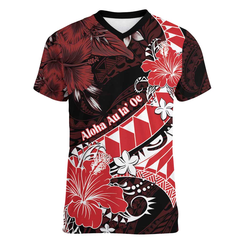 Personalised Hawaii Valentine Day Women V-Neck T-Shirt Polynesian Hibiscus Art Style Red LT05 Female Red - Polynesian Pride