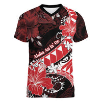 Personalised Hawaii Valentine Day Women V-Neck T-Shirt Polynesian Hibiscus Art Style Red LT05 Female Red - Polynesian Pride