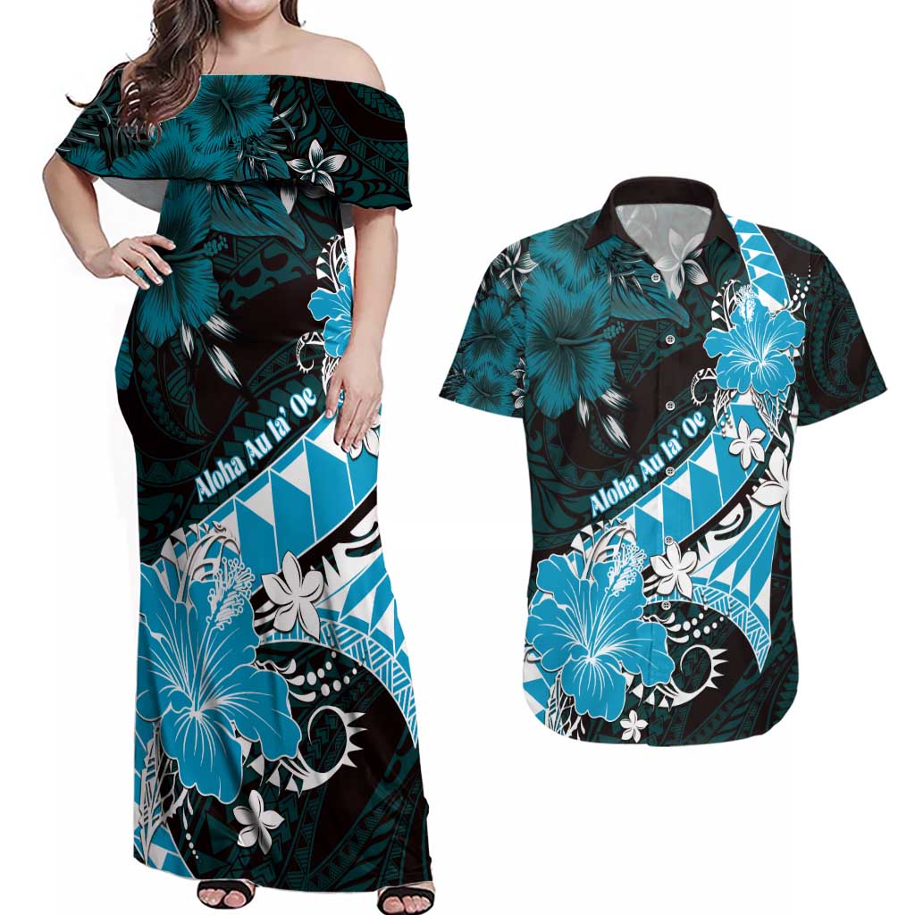 Personalised Hawaii Valentine Day Couples Matching Off Shoulder Maxi Dress and Hawaiian Shirt Polynesian Hibiscus Art Style Turquoise LT05 Turquoise - Polynesian Pride