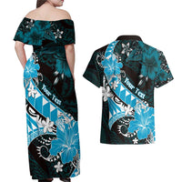 Personalised Hawaii Valentine Day Couples Matching Off Shoulder Maxi Dress and Hawaiian Shirt Polynesian Hibiscus Art Style Turquoise LT05 - Polynesian Pride