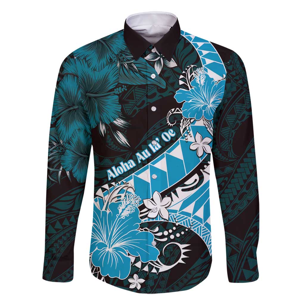 Personalised Hawaii Valentine Day Family Matching Mermaid Dress and Hawaiian Shirt Polynesian Hibiscus Art Style Turquoise LT05 Dad's Shirt - Long Sleeve Turquoise - Polynesian Pride