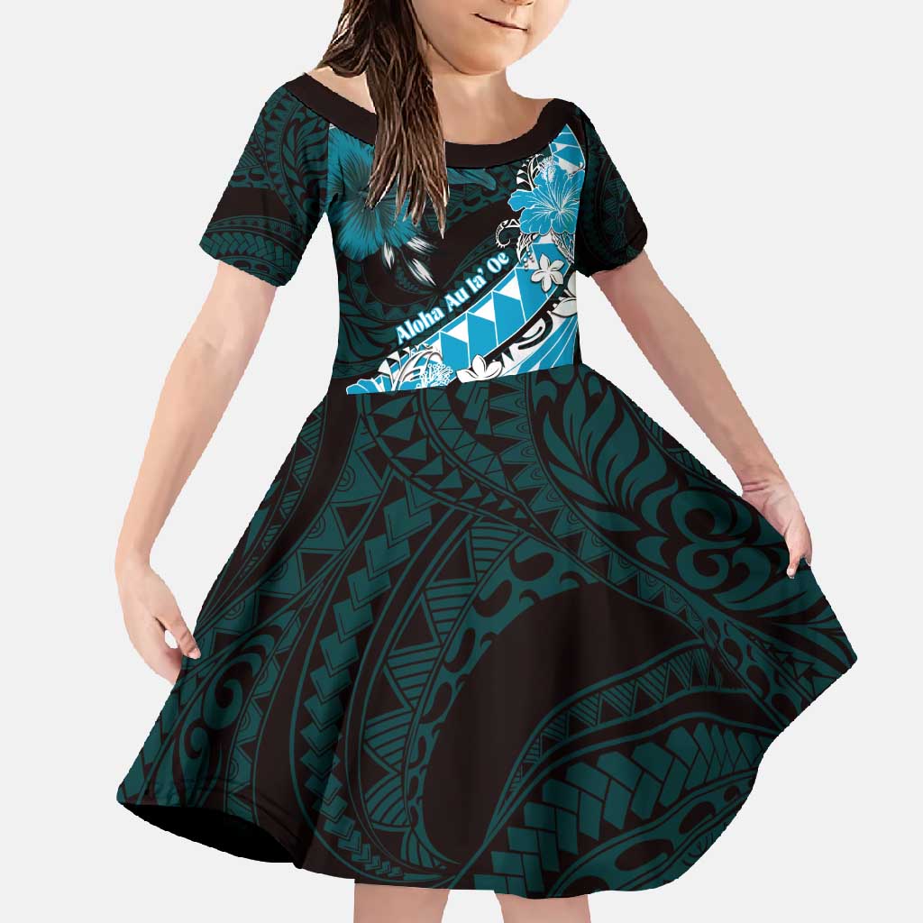 Personalised Hawaii Valentine Day Family Matching Off Shoulder Maxi Dress and Hawaiian Shirt Polynesian Hibiscus Art Style Turquoise LT05 Daughter's Dress Turquoise - Polynesian Pride