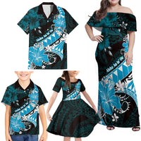 Personalised Hawaii Valentine Day Family Matching Off Shoulder Maxi Dress and Hawaiian Shirt Polynesian Hibiscus Art Style Turquoise LT05 - Polynesian Pride