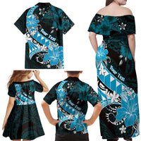 Personalised Hawaii Valentine Day Family Matching Off Shoulder Maxi Dress and Hawaiian Shirt Polynesian Hibiscus Art Style Turquoise LT05 - Polynesian Pride