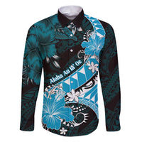 Personalised Hawaii Valentine Day Family Matching Puletasi and Hawaiian Shirt Polynesian Hibiscus Art Style Turquoise LT05 Dad's Shirt - Long Sleeve Turquoise - Polynesian Pride