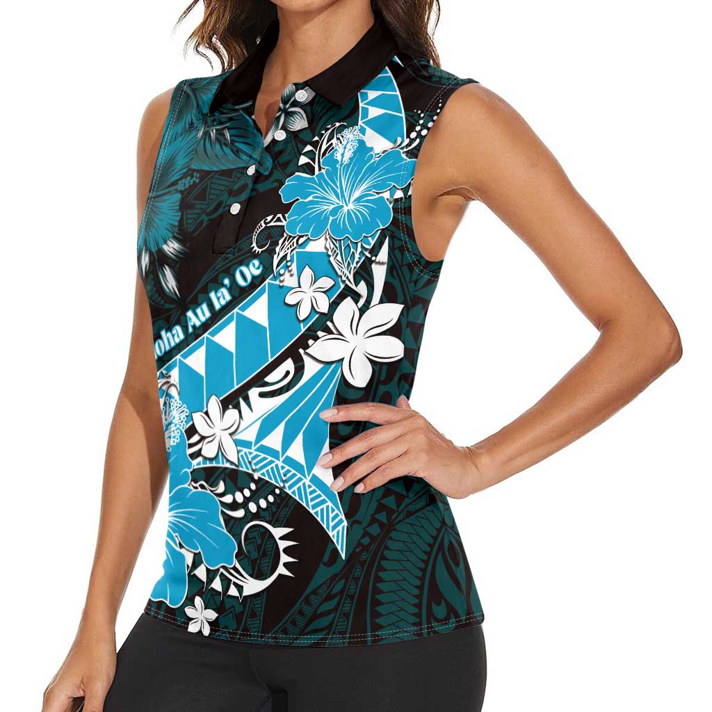 Personalised Hawaii Valentine Day Women Sleeveless Polo Shirt Polynesian Hibiscus Art Style Turquoise LT05 - Polynesian Pride