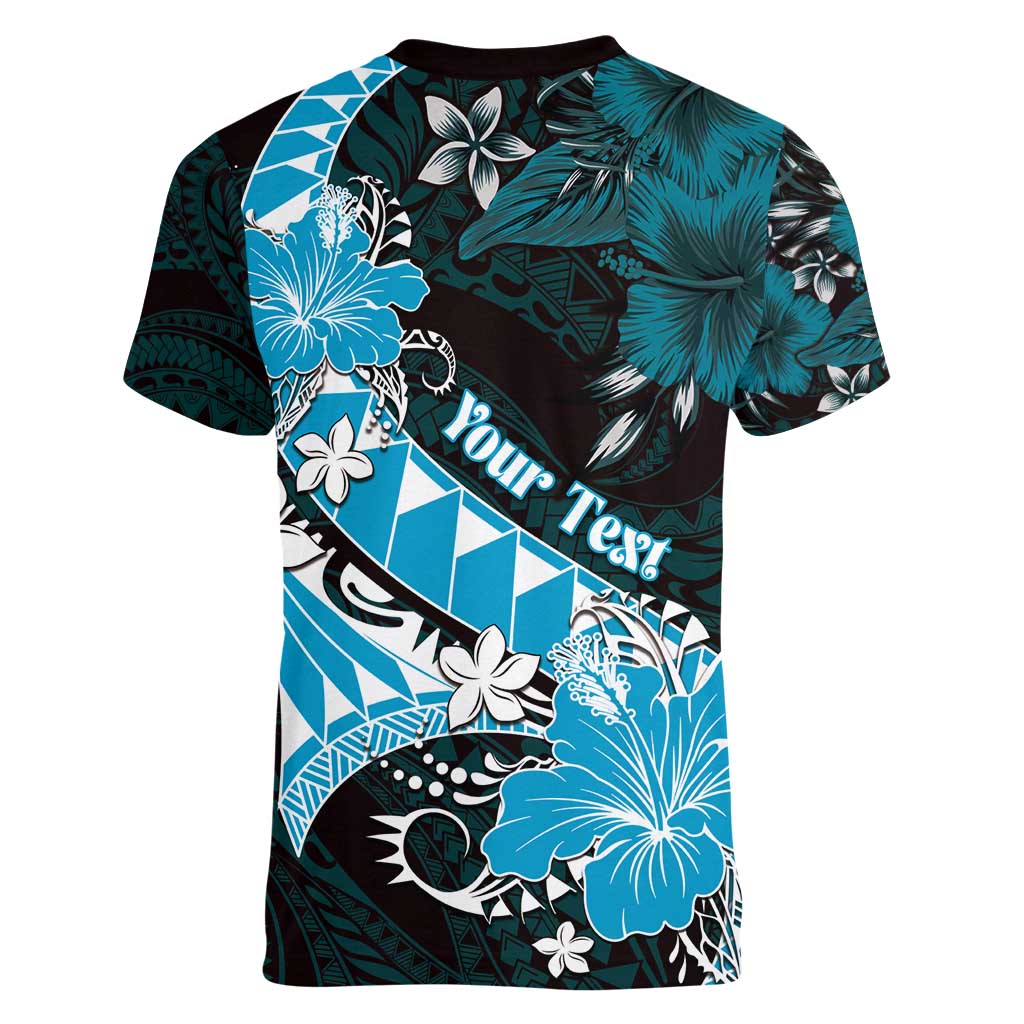 Personalised Hawaii Valentine Day Women V-Neck T-Shirt Polynesian Hibiscus Art Style Turquoise LT05 - Polynesian Pride