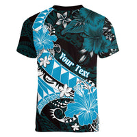 Personalised Hawaii Valentine Day Women V-Neck T-Shirt Polynesian Hibiscus Art Style Turquoise LT05 - Polynesian Pride