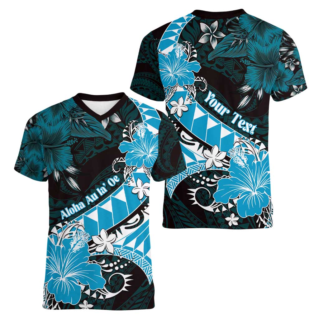 Personalised Hawaii Valentine Day Women V-Neck T-Shirt Polynesian Hibiscus Art Style Turquoise LT05 - Polynesian Pride