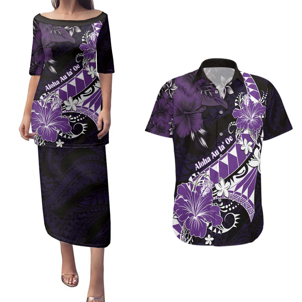 Personalised Hawaii Valentine Day Couples Matching Puletasi and Hawaiian Shirt Polynesian Hibiscus Art Style Purple LT05 Purple - Polynesian Pride