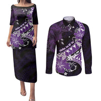 Personalised Hawaii Valentine Day Couples Matching Puletasi and Long Sleeve Button Shirt Polynesian Hibiscus Art Style Purple LT05 Purple - Polynesian Pride
