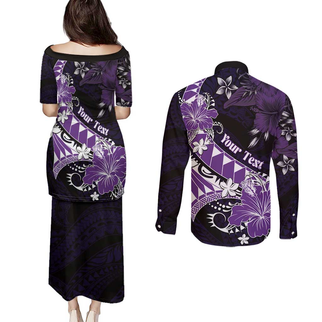 Personalised Hawaii Valentine Day Couples Matching Puletasi and Long Sleeve Button Shirt Polynesian Hibiscus Art Style Purple LT05 - Polynesian Pride