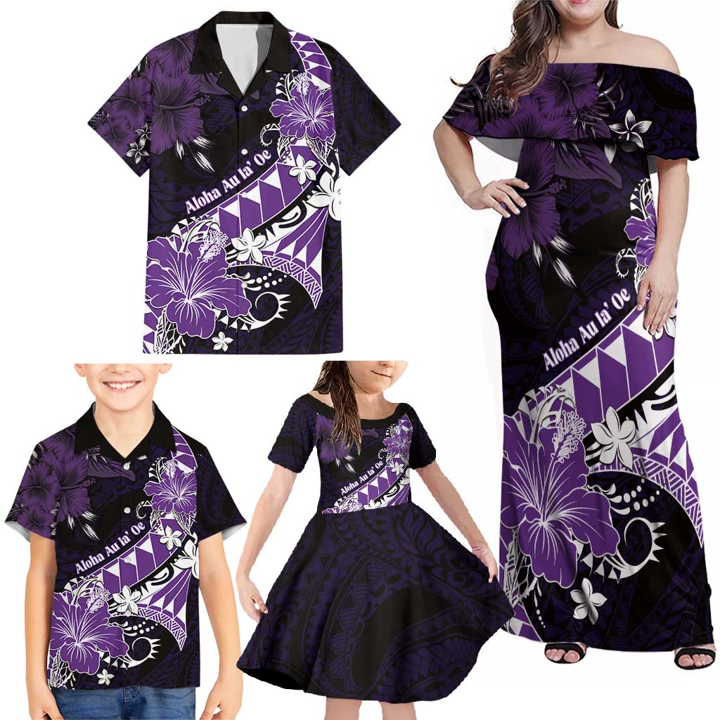 Personalised Hawaii Valentine Day Family Matching Off Shoulder Maxi Dress and Hawaiian Shirt Polynesian Hibiscus Art Style Purple LT05 - Polynesian Pride
