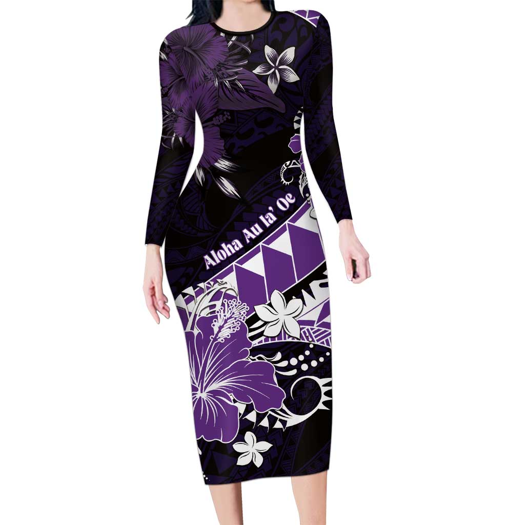 Personalised Hawaii Valentine Day Long Sleeve Bodycon Dress Polynesian Hibiscus Art Style Purple LT05 Long Dress Purple - Polynesian Pride