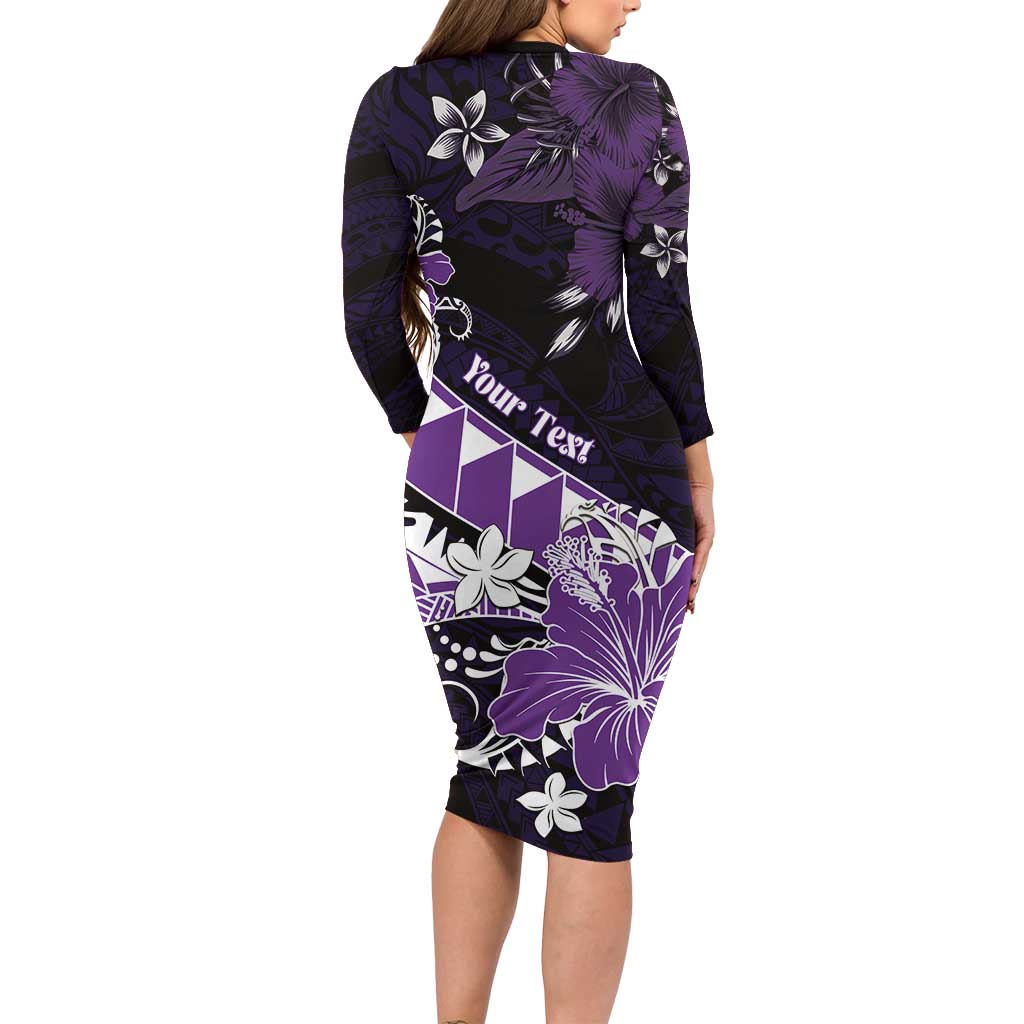 Personalised Hawaii Valentine Day Long Sleeve Bodycon Dress Polynesian Hibiscus Art Style Purple LT05 - Polynesian Pride
