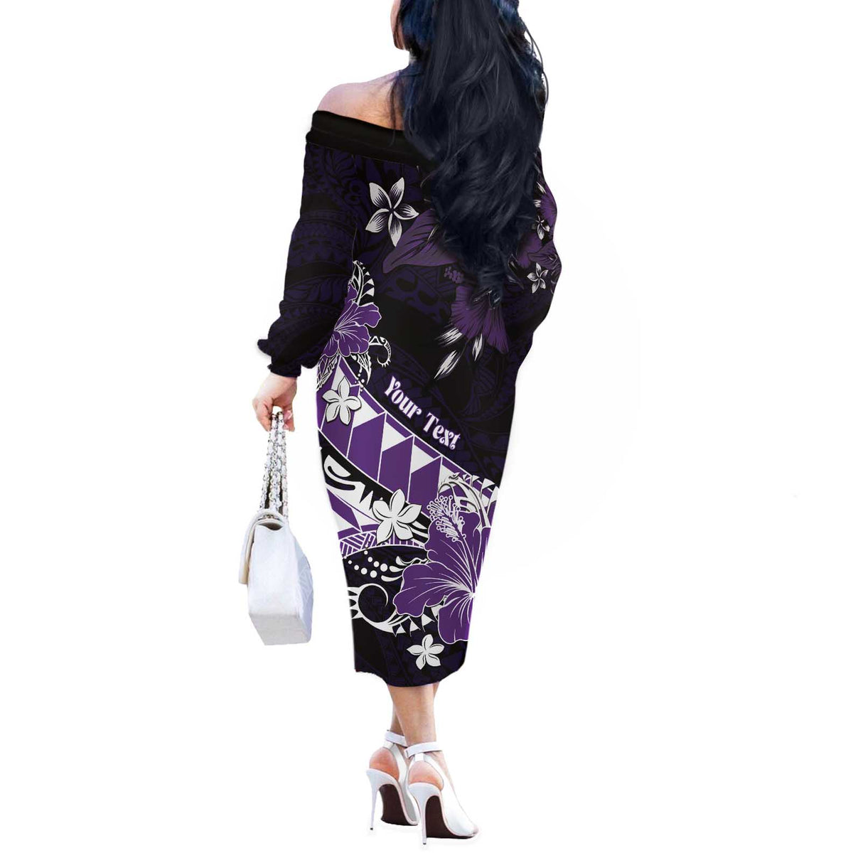 Personalised Hawaii Valentine Day Off The Shoulder Long Sleeve Dress Polynesian Hibiscus Art Style Purple LT05 - Polynesian Pride
