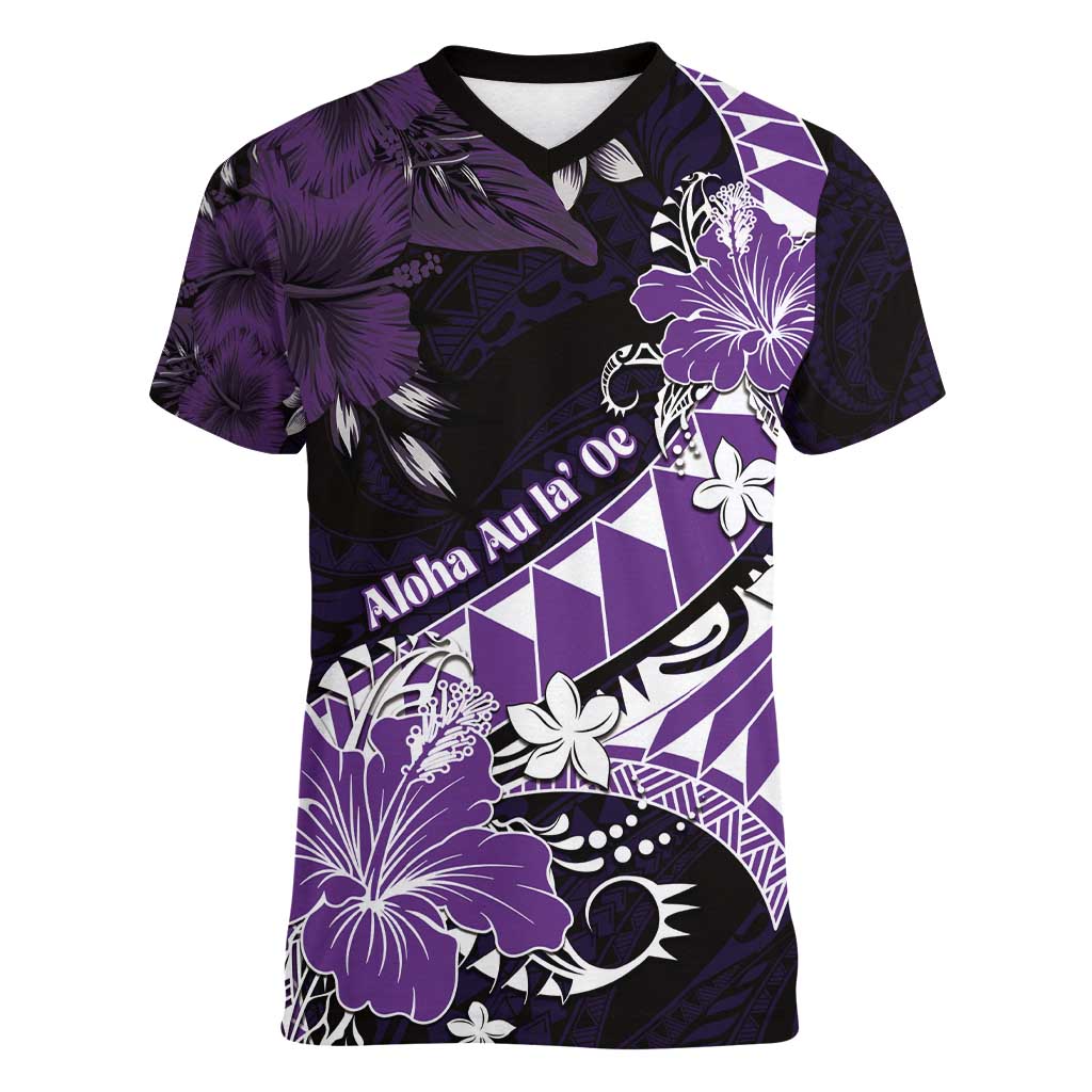 Personalised Hawaii Valentine Day Women V-Neck T-Shirt Polynesian Hibiscus Art Style Purple LT05 Female Purple - Polynesian Pride